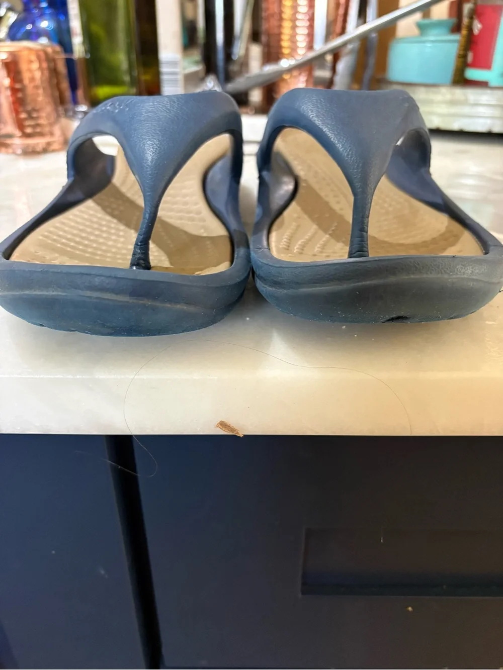 Crocs Blue/Tan Flip Flops Men 10/Women 12 Beach Pool Vacation Everyday